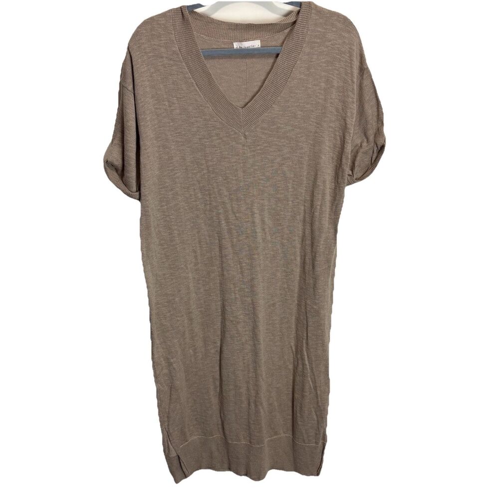 By Together Sweater Tee Dress Women Medium Tan Midi Knit V-neck Feminine Granny